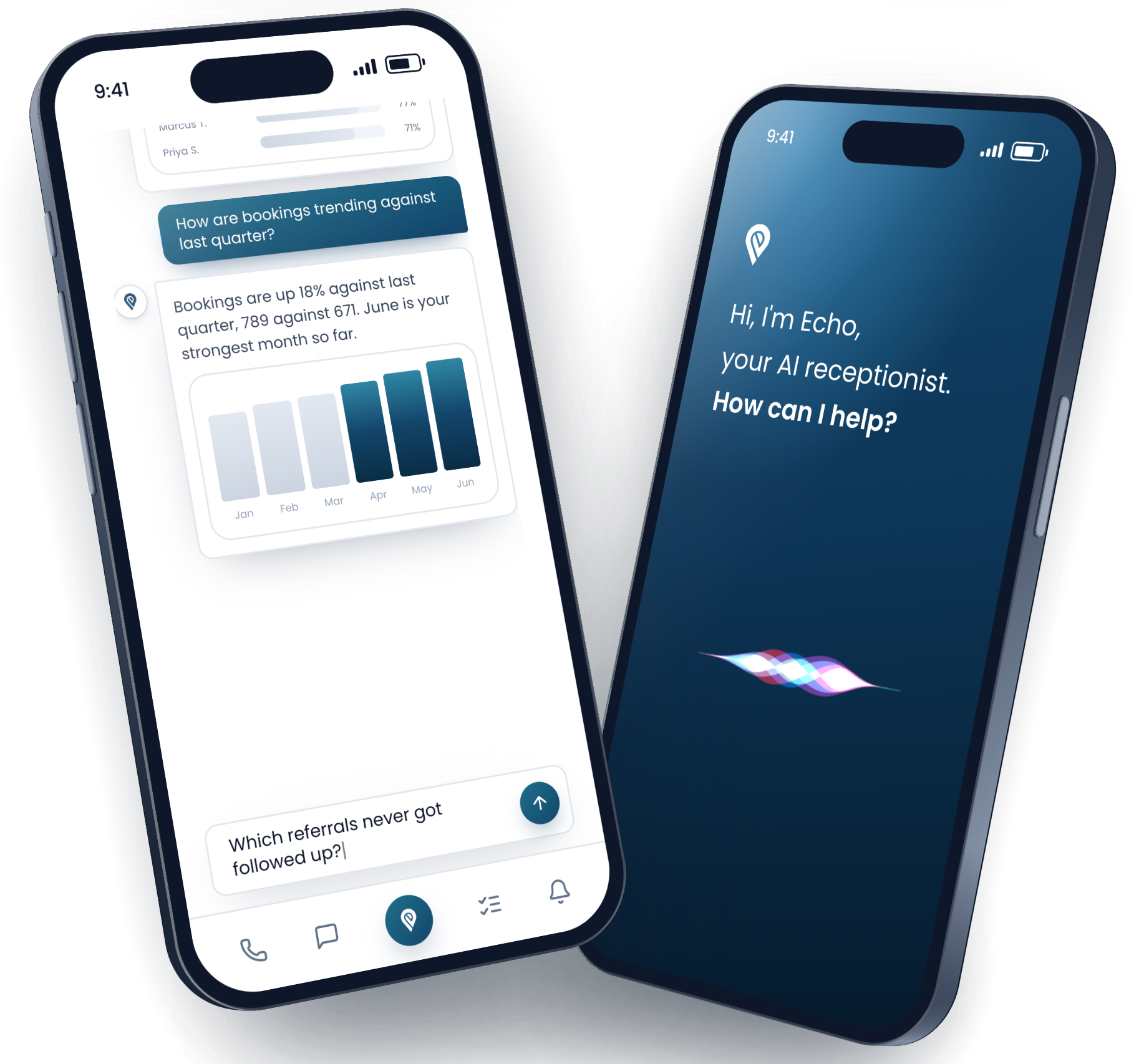 Two phones running Echo: one taking a patient's call, the other booking the appointment in the Echo app.
